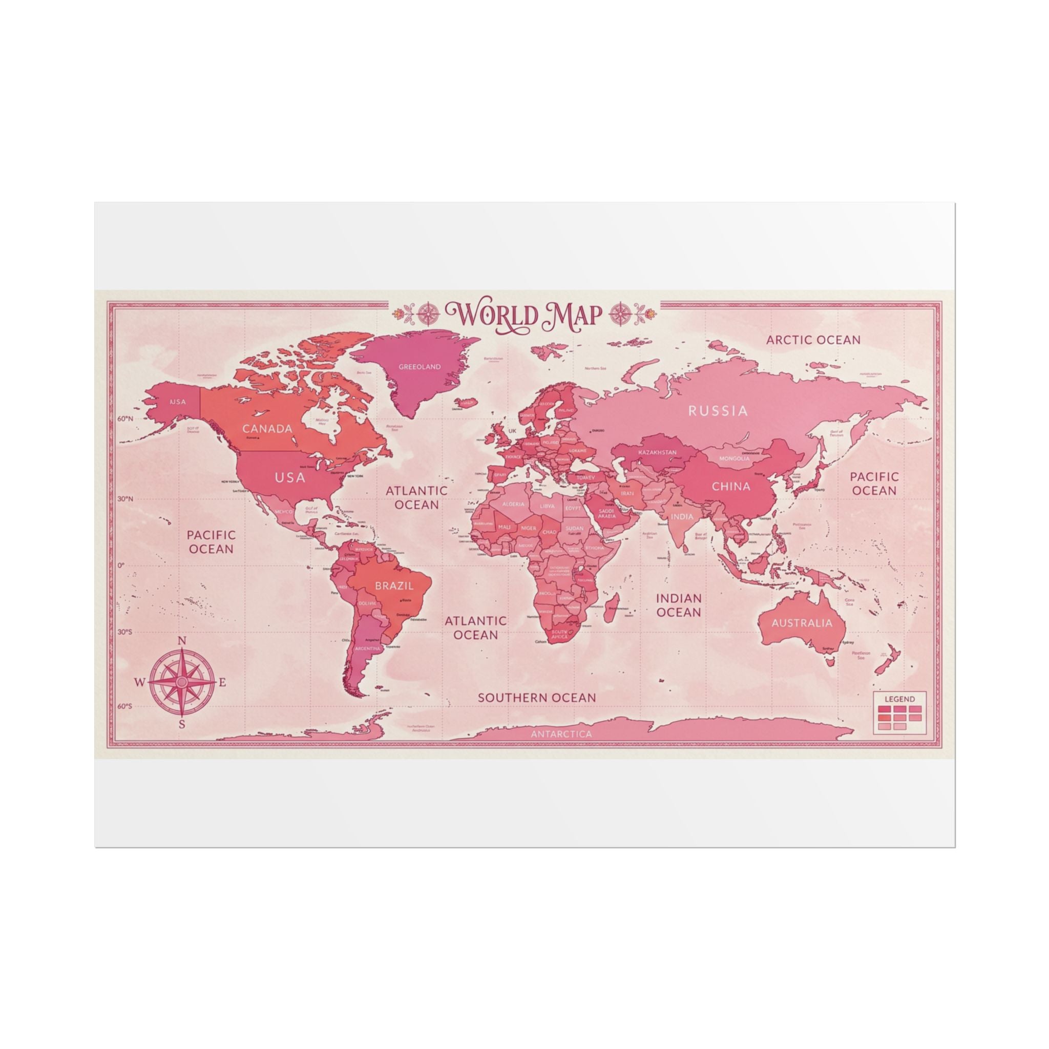 Pink Vintage World Map Poster — Rolled Wall Art for Travel Lovers