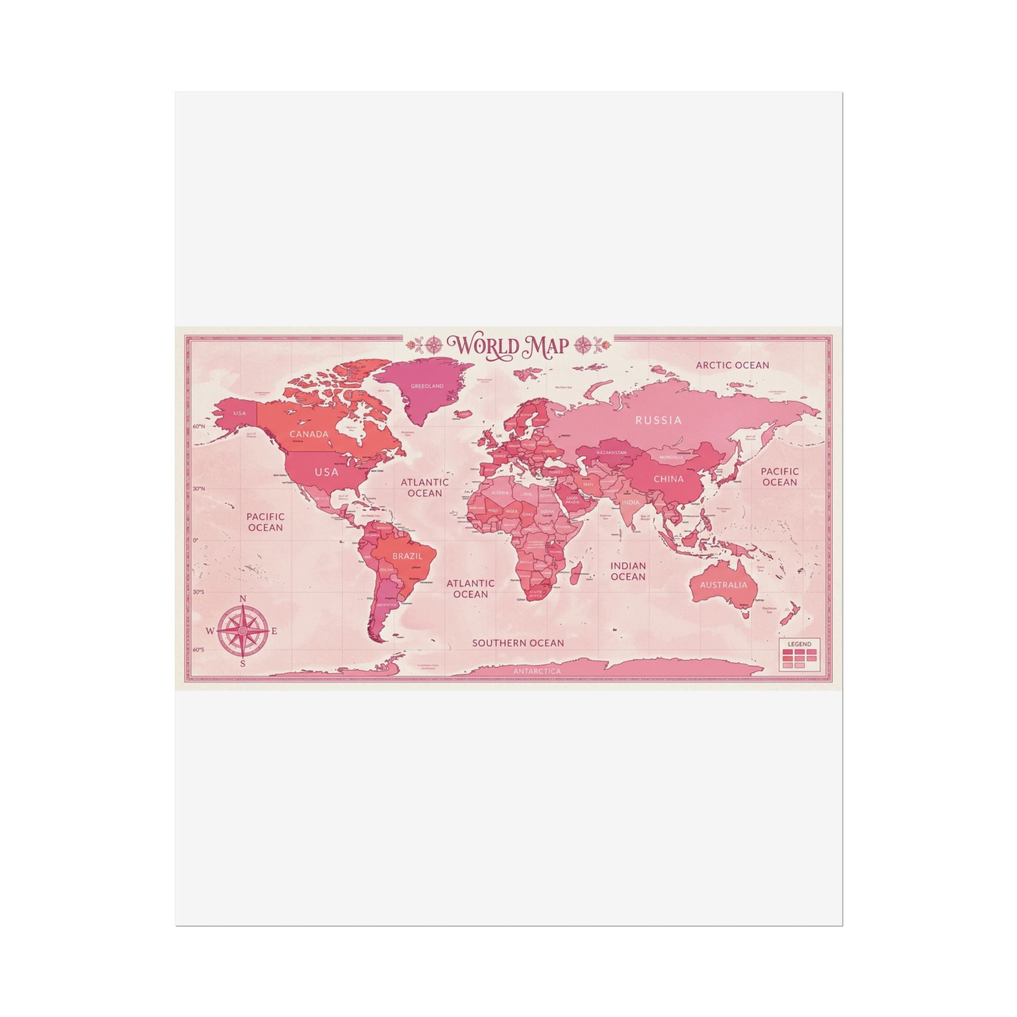 Pink Vintage World Map Poster — Rolled Wall Art for Travel Lovers