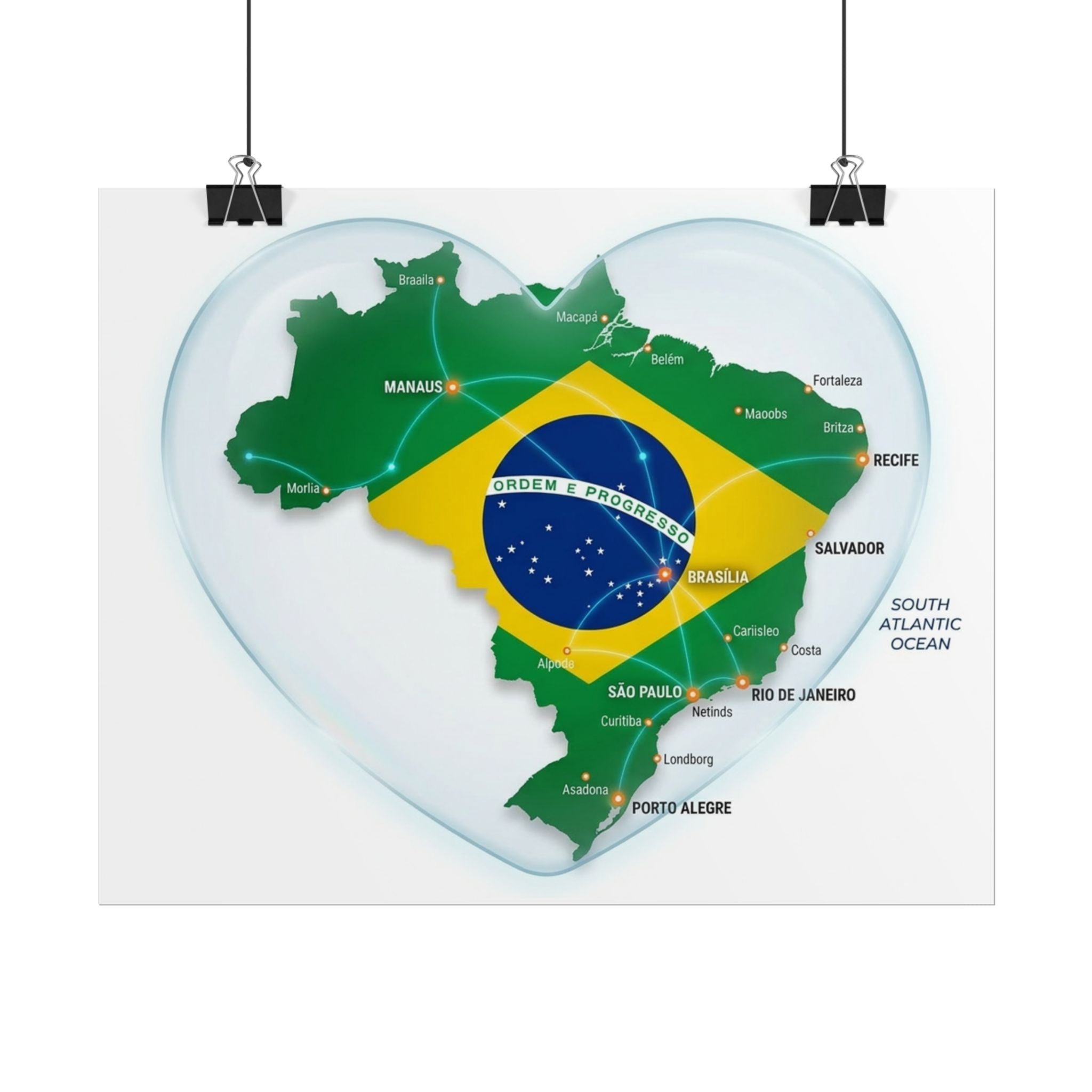 Brazil Heart Map Poster – Rolled Country Flag Wall Art
