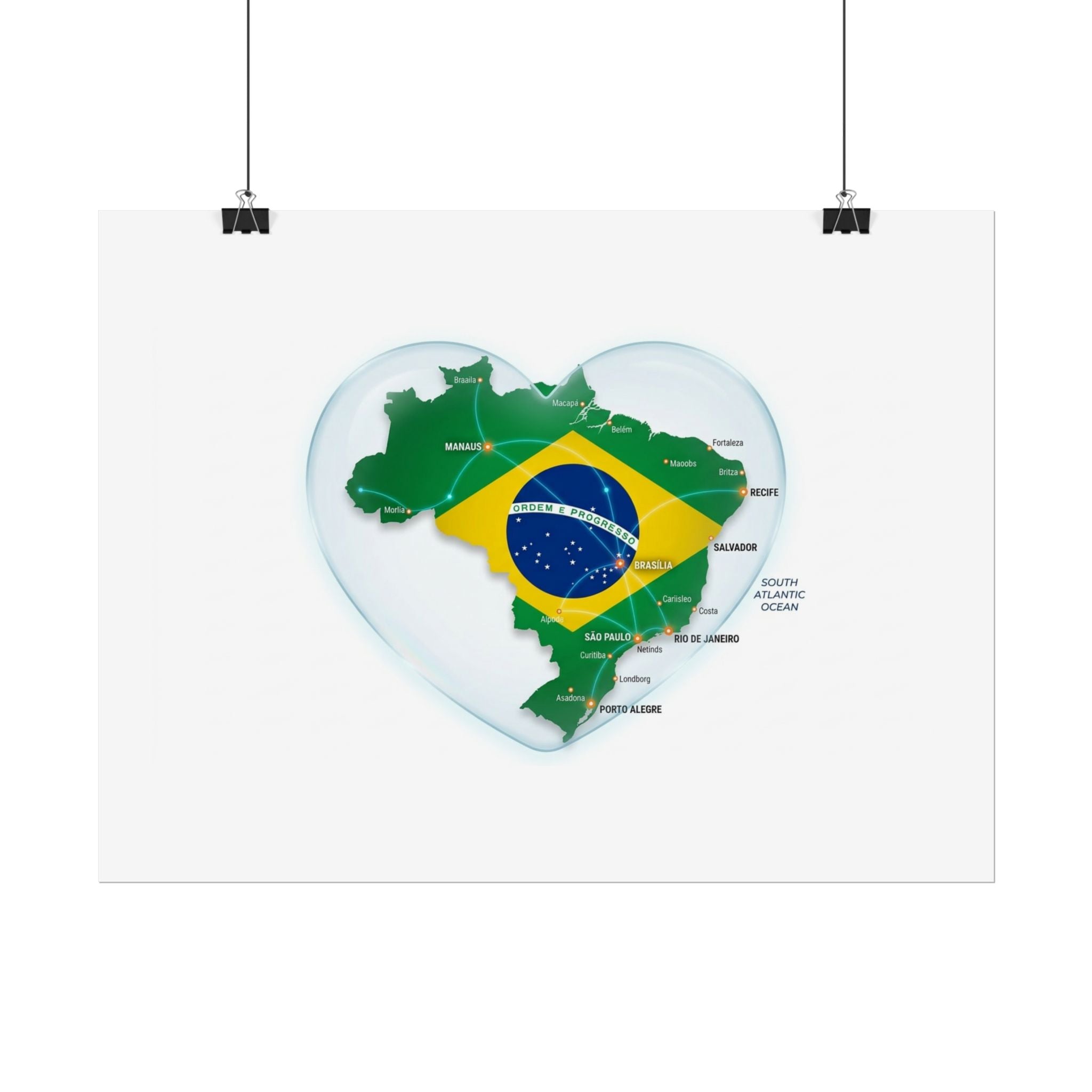 Brazil Heart Map Poster – Rolled Country Flag Wall Art