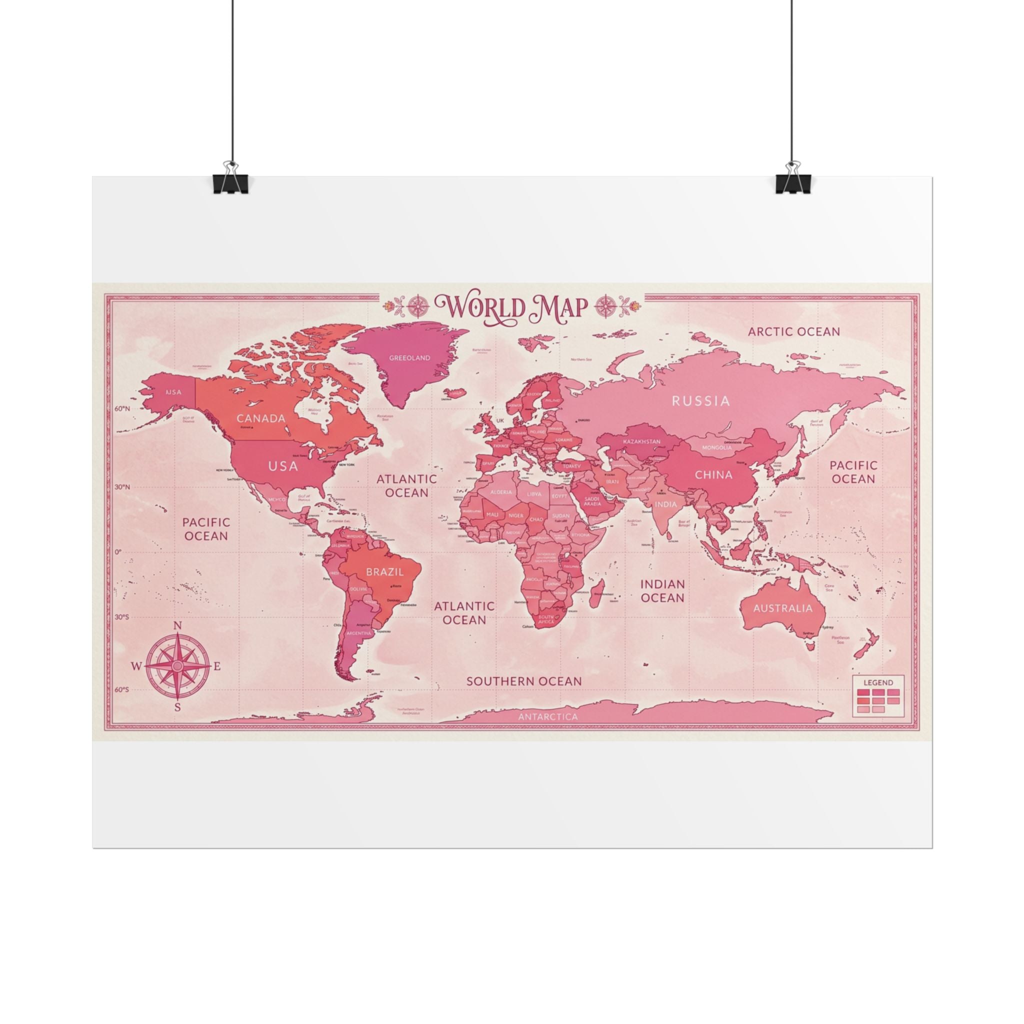 Pink Vintage World Map Poster — Rolled Wall Art for Travel Lovers