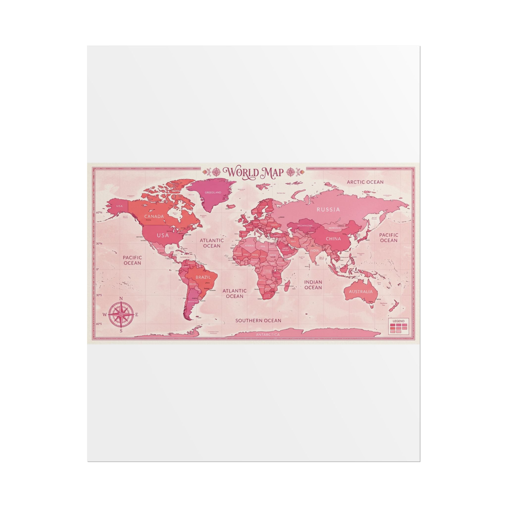 Pink Vintage World Map Poster — Rolled Wall Art for Travel Lovers