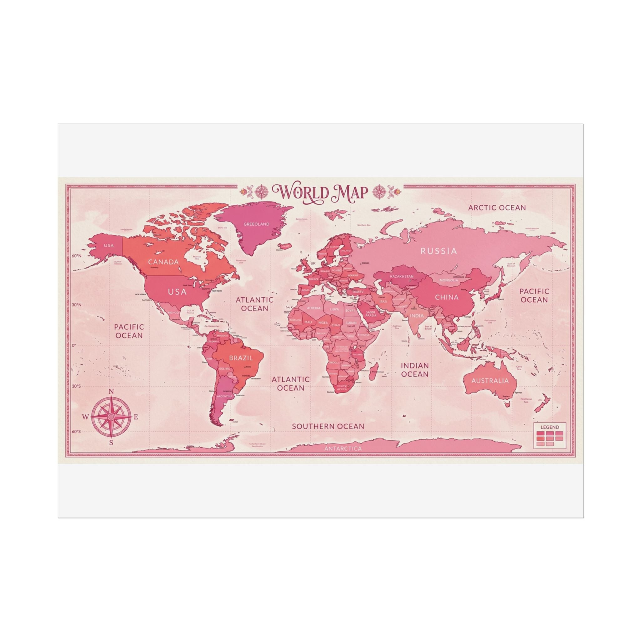 Pink Vintage World Map Poster — Rolled Wall Art for Travel Lovers