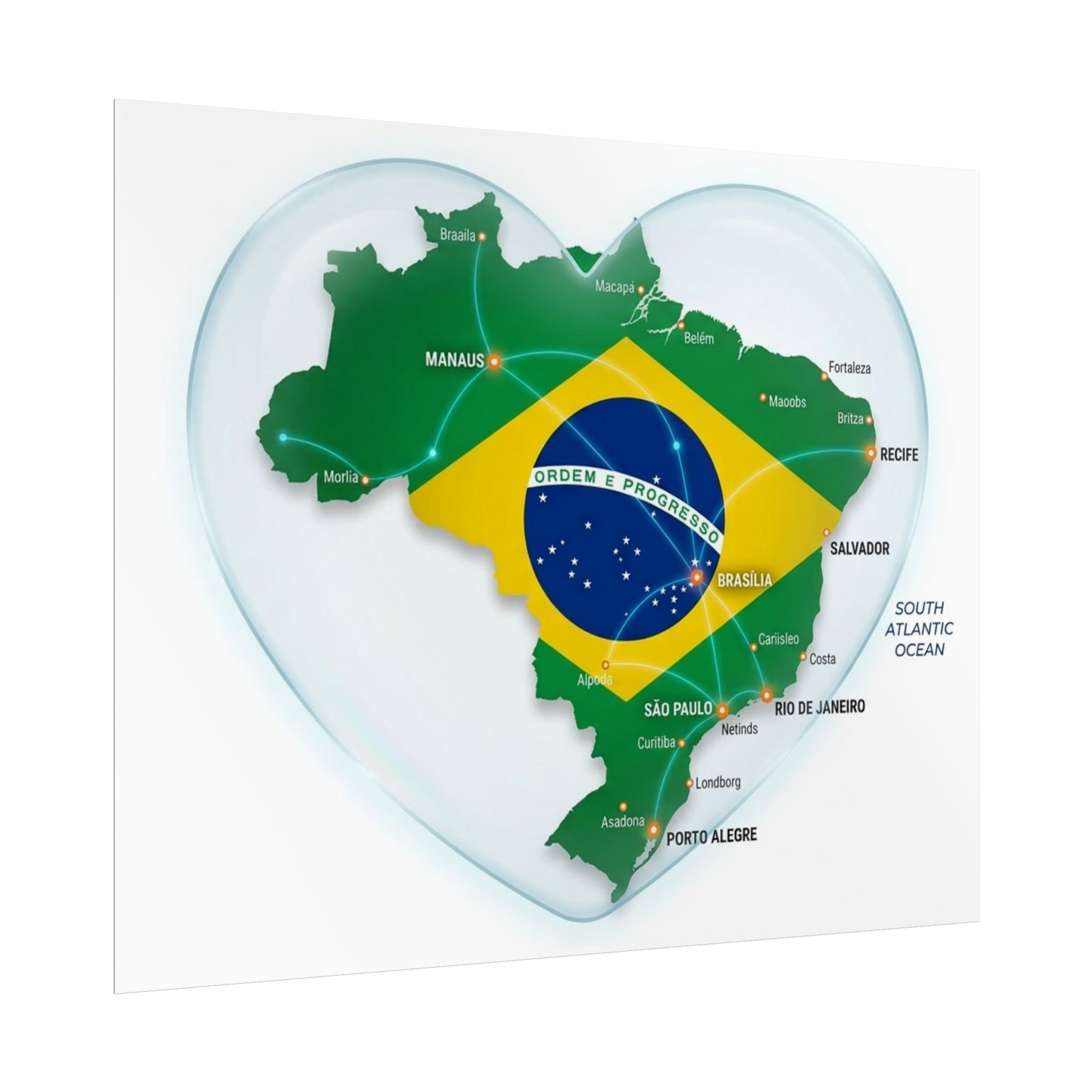 Brazil Heart Map Poster – Rolled Country Flag Wall Art
