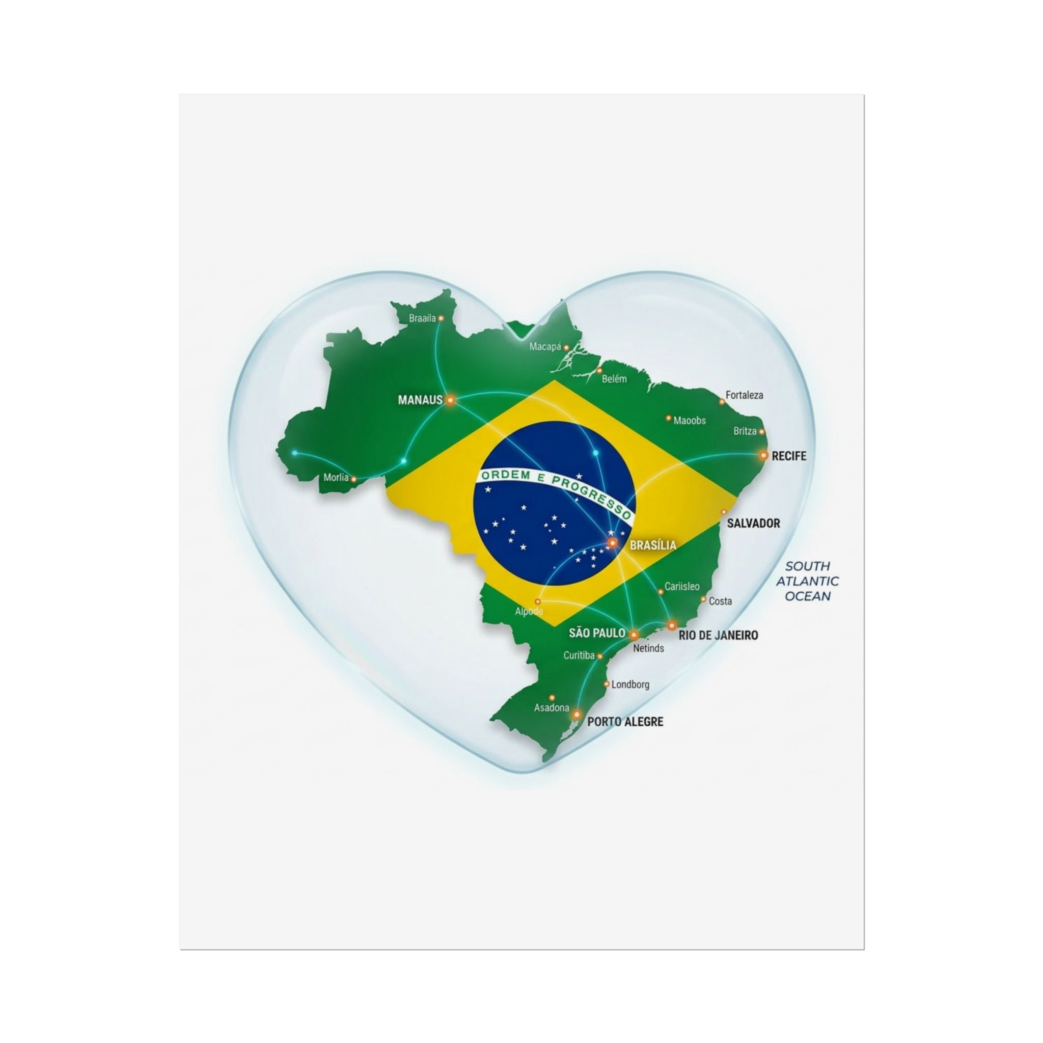 Brazil Heart Map Poster – Rolled Country Flag Wall Art