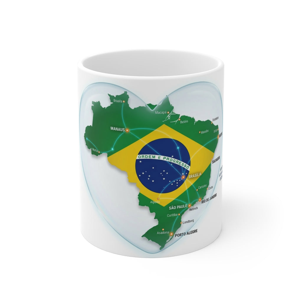 Brazil Flag Map Heart Mug — 11oz Brazilian Pride Coffee Cup