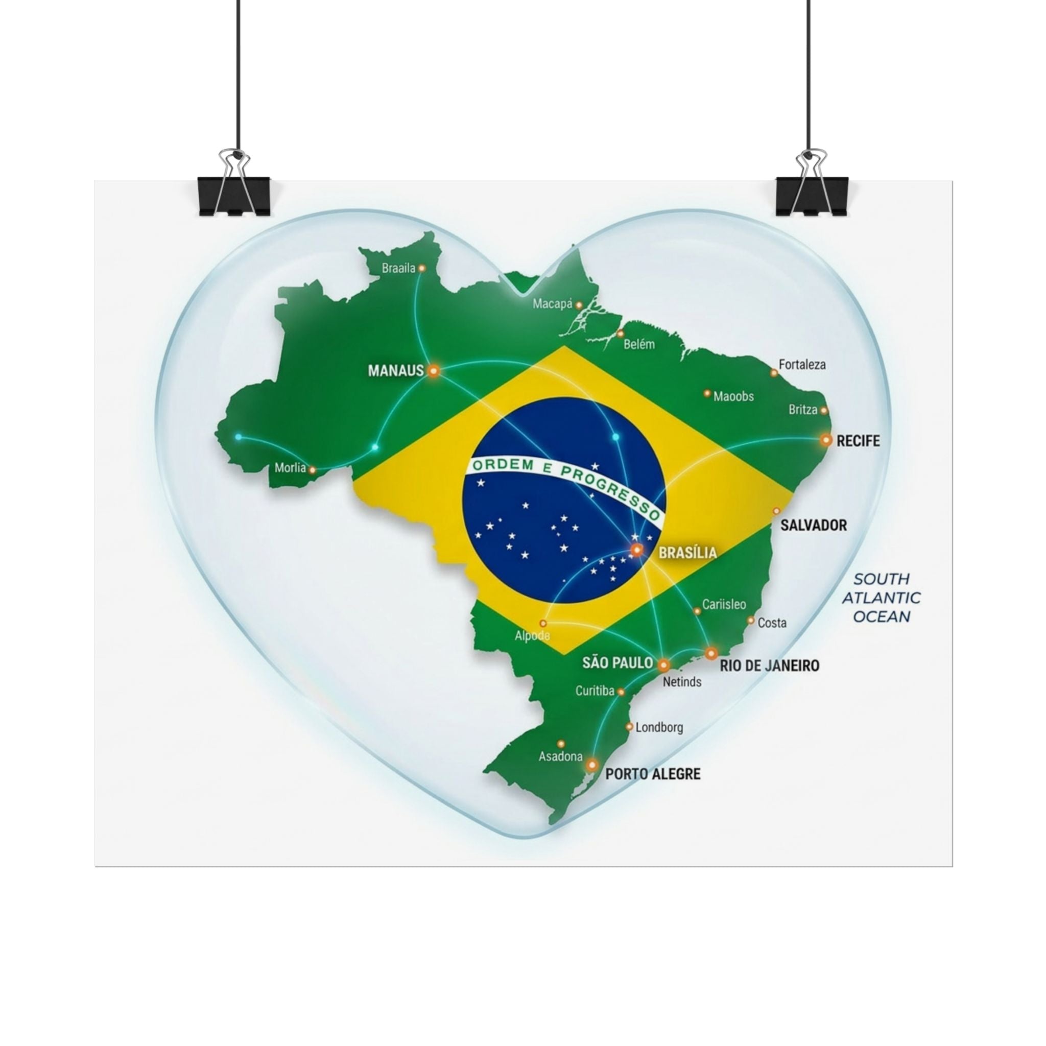 Brazil Heart Map Poster – Rolled Country Flag Wall Art