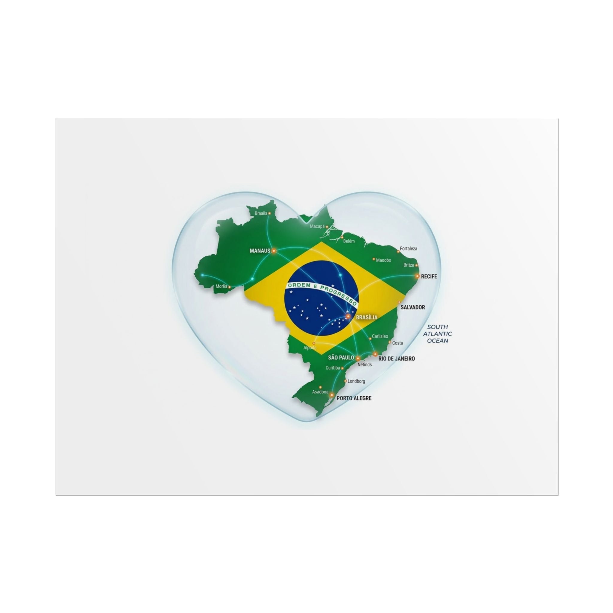 Brazil Heart Map Poster – Rolled Country Flag Wall Art