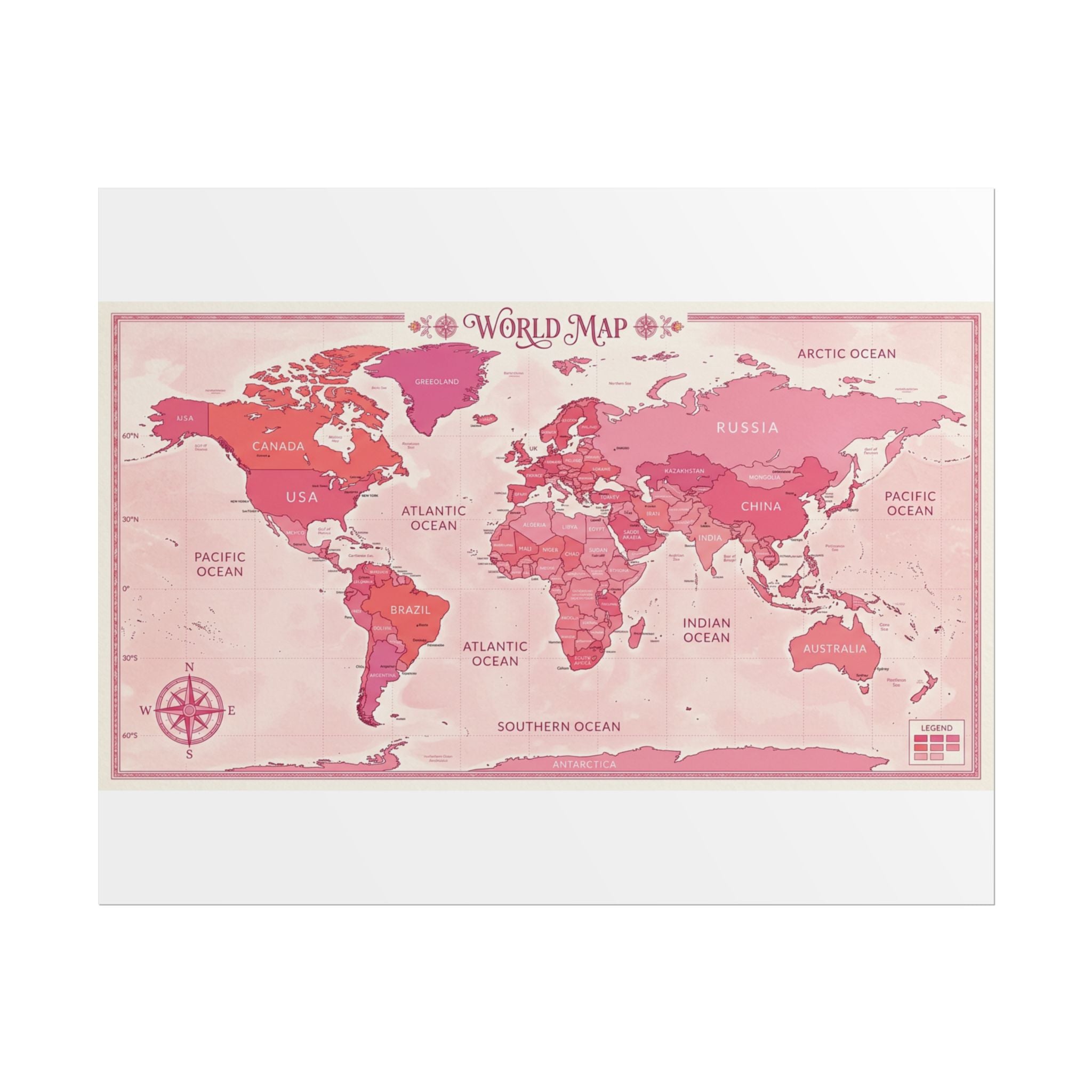 Pink Vintage World Map Poster — Rolled Wall Art for Travel Lovers