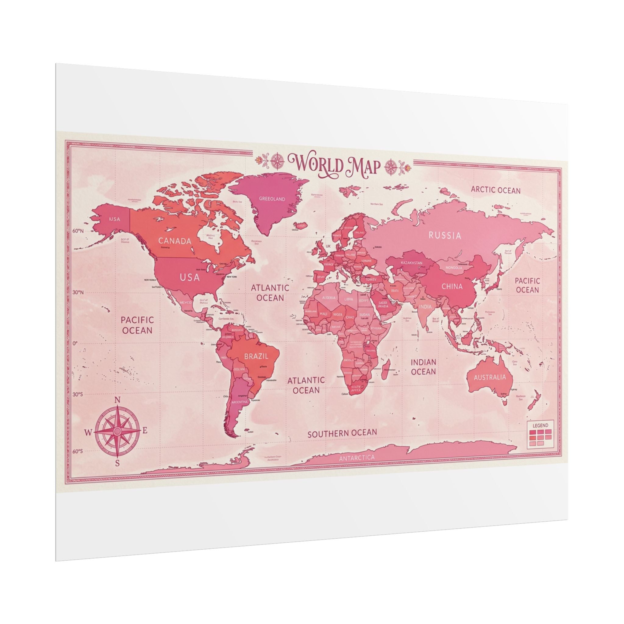 Pink Vintage World Map Poster — Rolled Wall Art for Travel Lovers