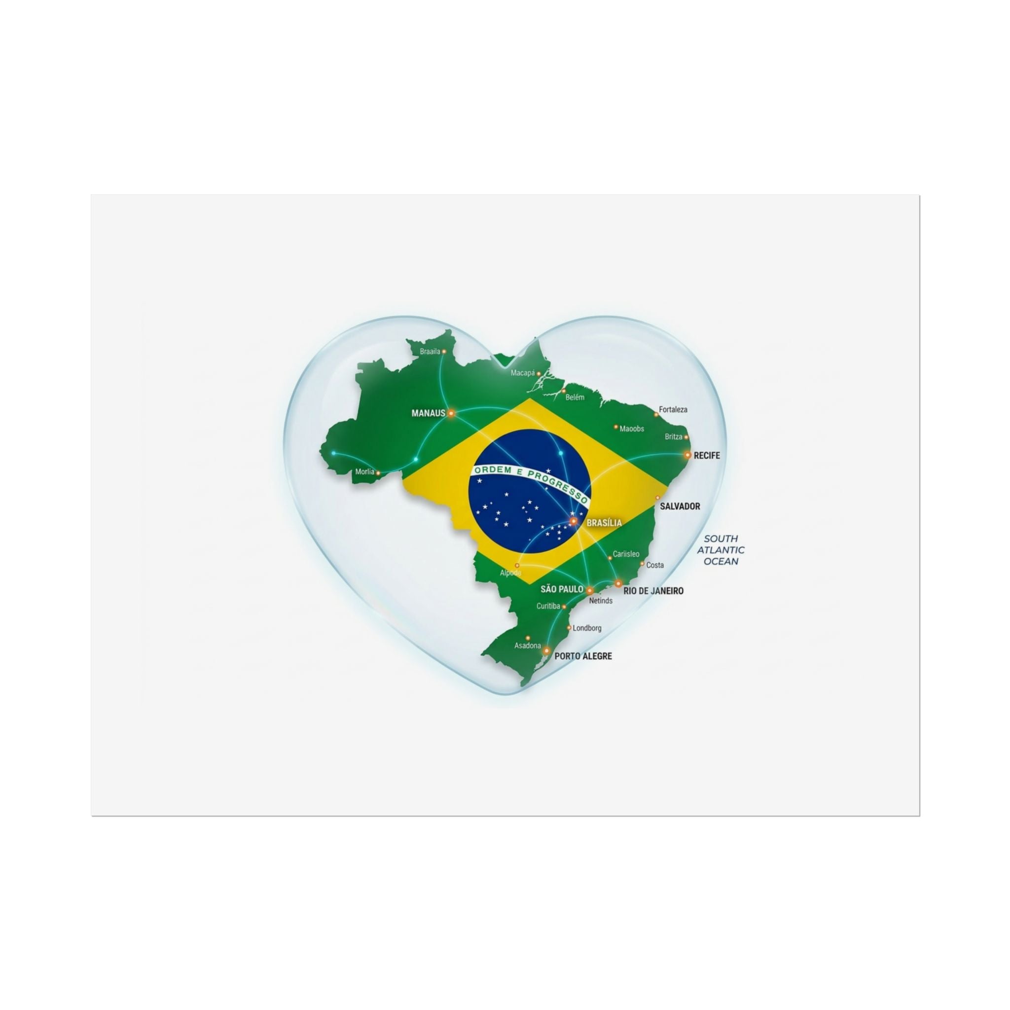 Brazil Heart Map Poster – Rolled Country Flag Wall Art