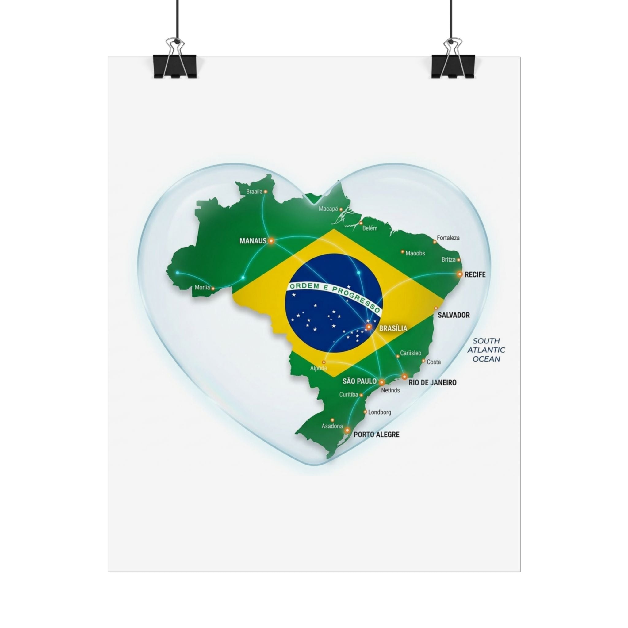 Brazil Heart Map Poster – Rolled Country Flag Wall Art