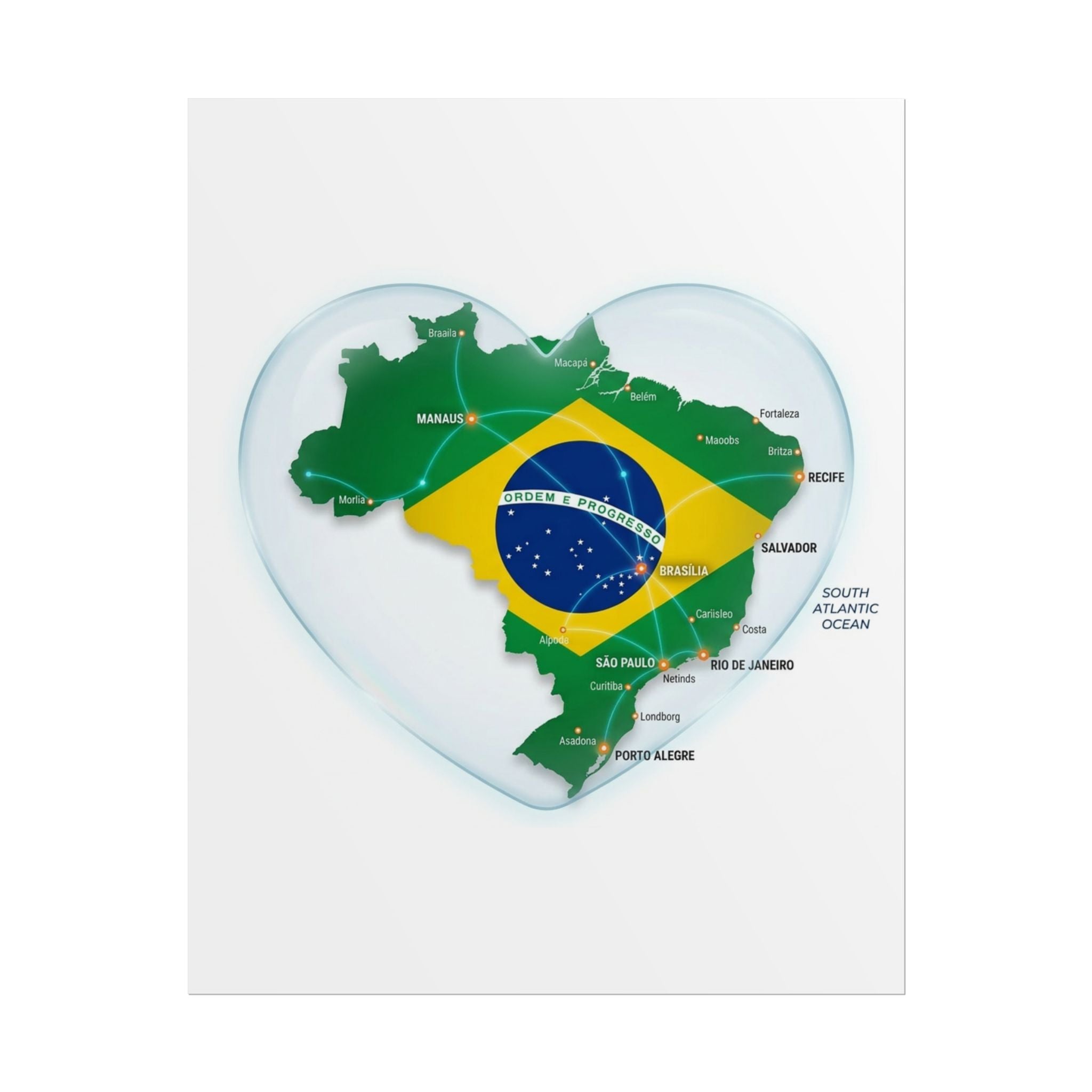 Brazil Heart Map Poster – Rolled Country Flag Wall Art