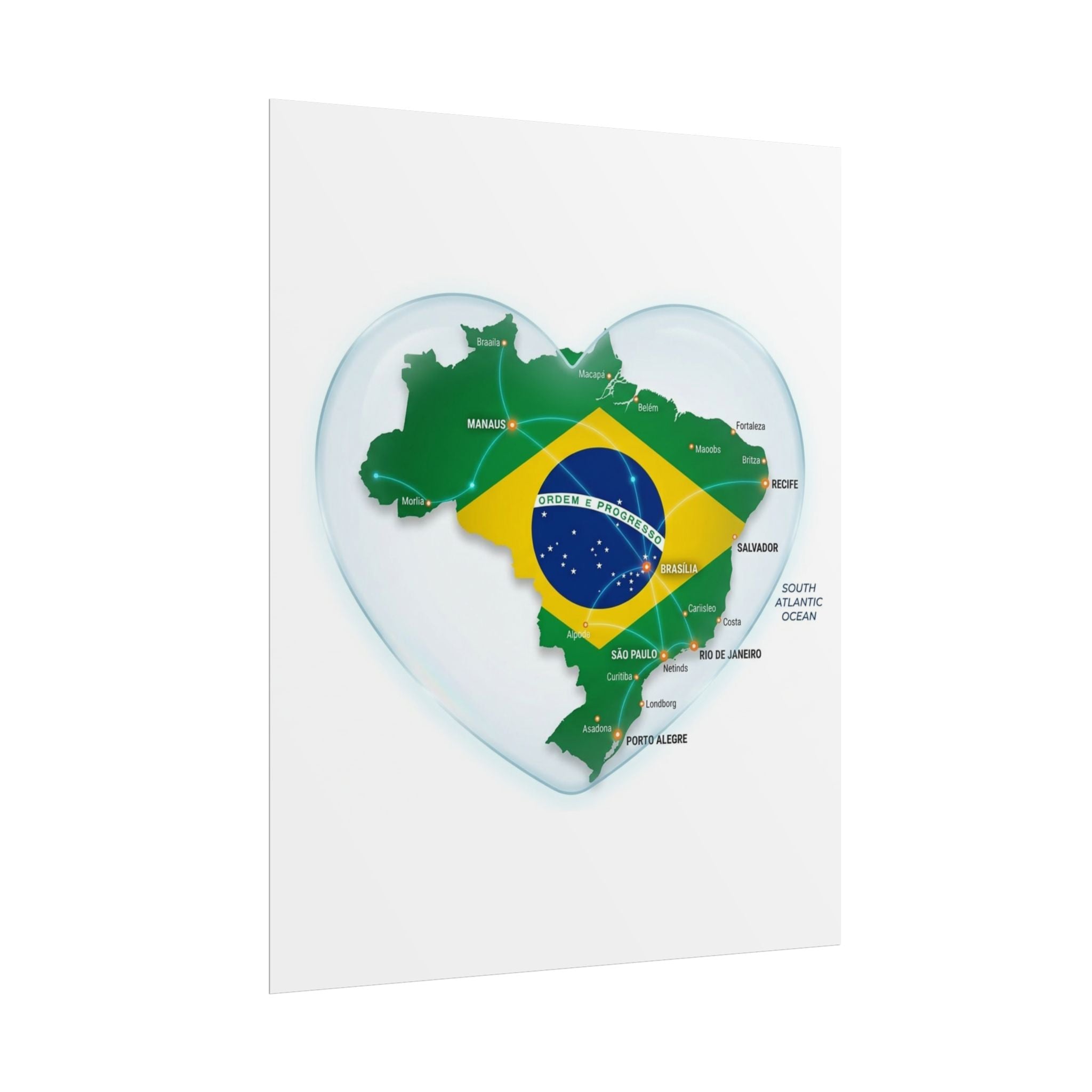 Brazil Heart Map Poster – Rolled Country Flag Wall Art