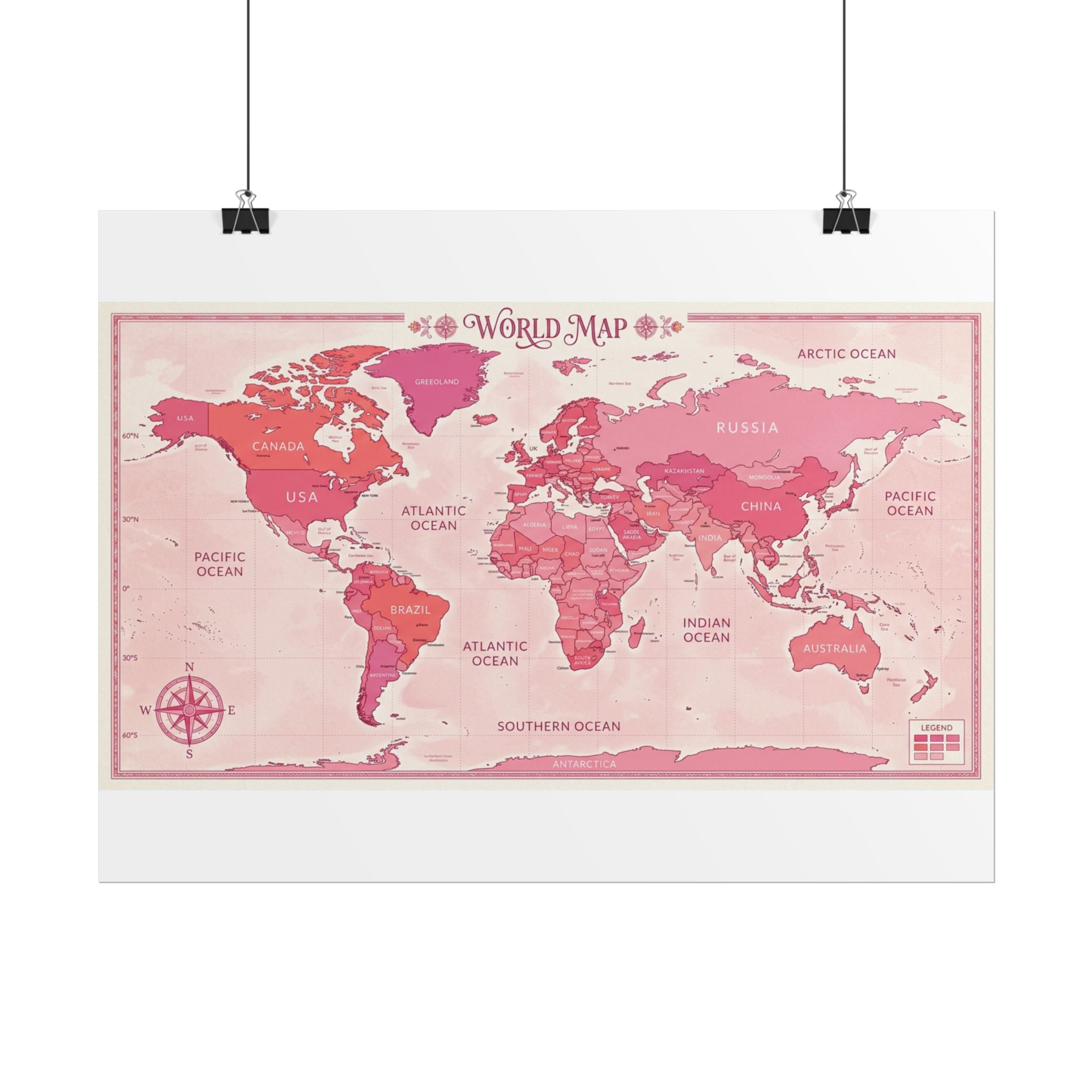 Pink Vintage World Map Poster — Rolled Wall Art for Travel Lovers