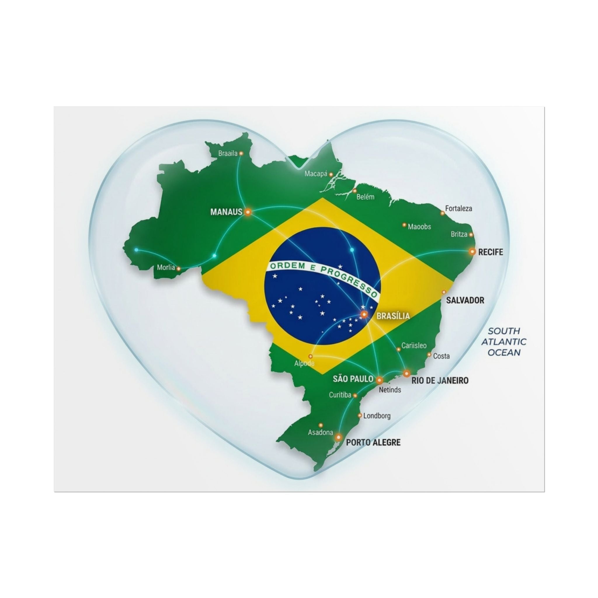 Brazil Heart Map Poster – Rolled Country Flag Wall Art