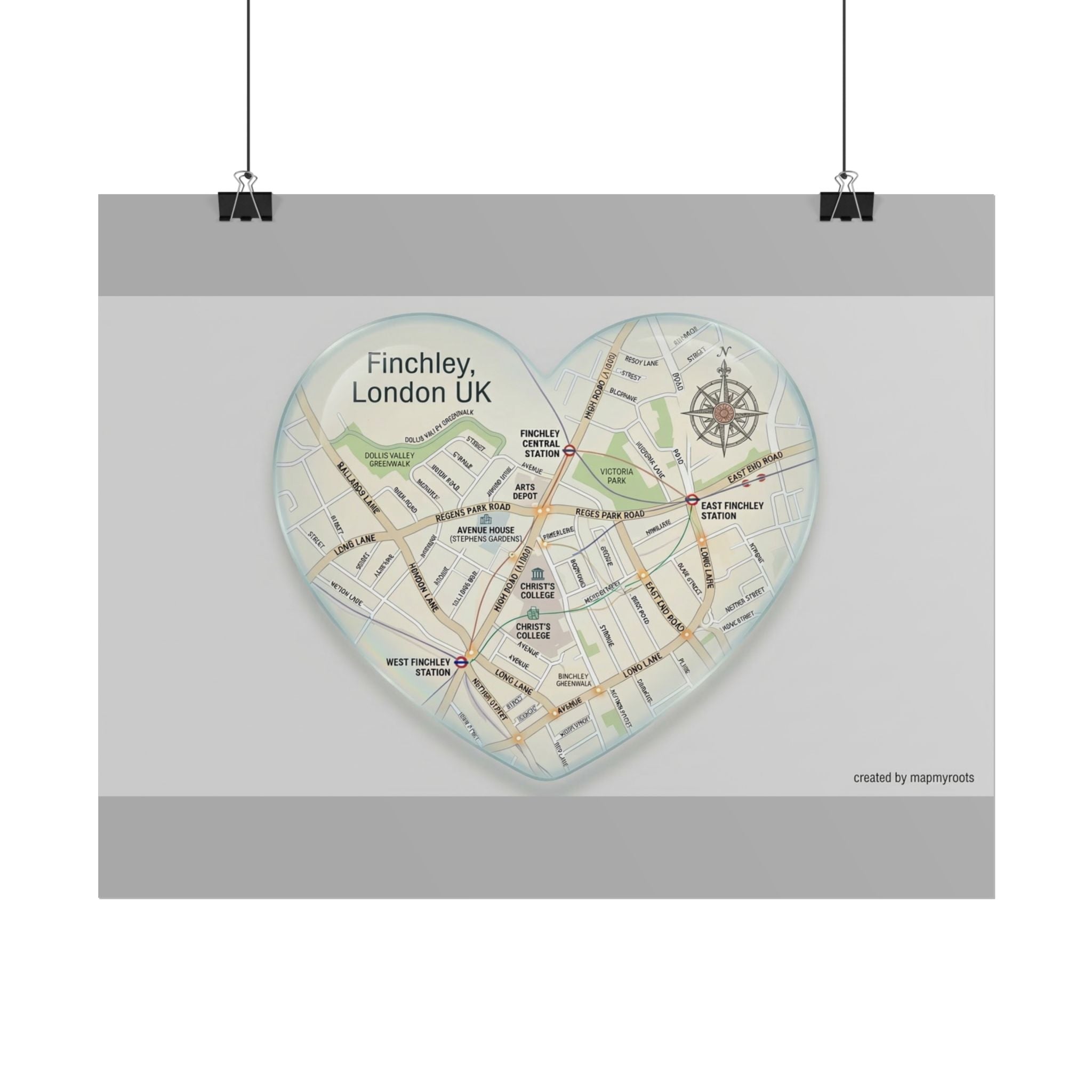 Heart Map Poster — Finchley, London UK Rolled Poster