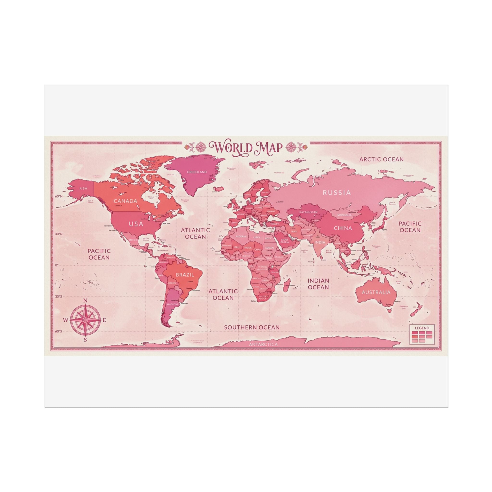 Pink Vintage World Map Poster — Rolled Wall Art for Travel Lovers
