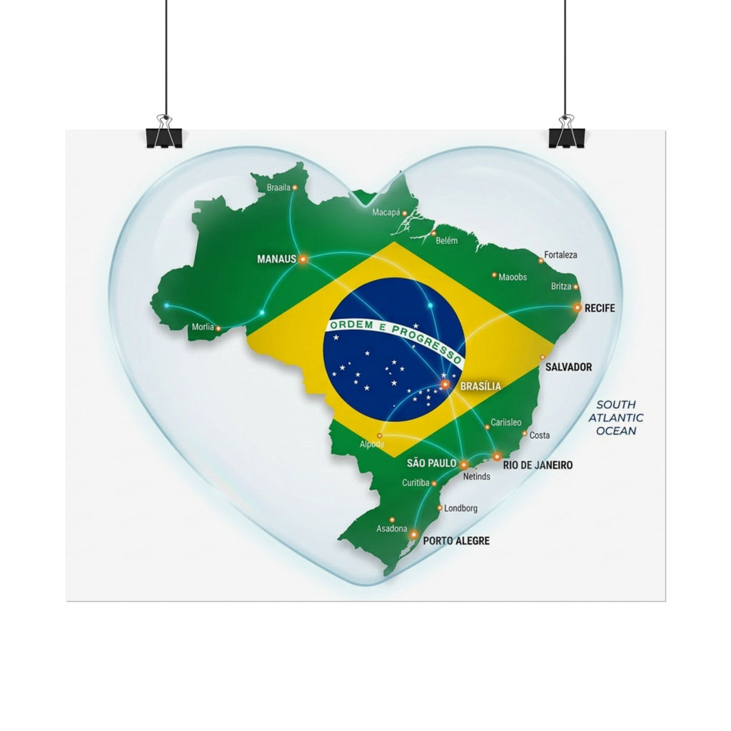 Brazil Heart Map Poster – Rolled Country Flag Wall Art