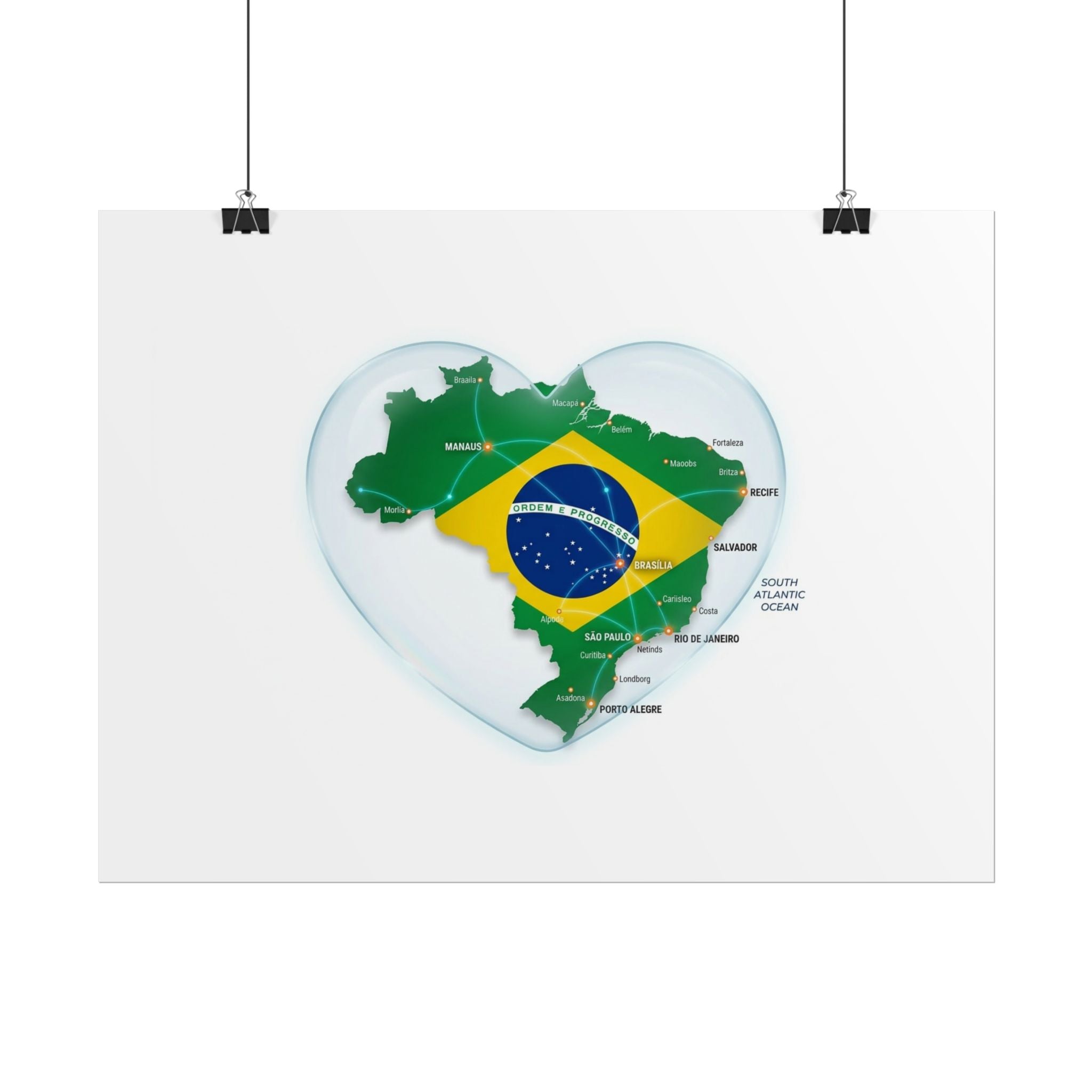 Brazil Heart Map Poster – Rolled Country Flag Wall Art